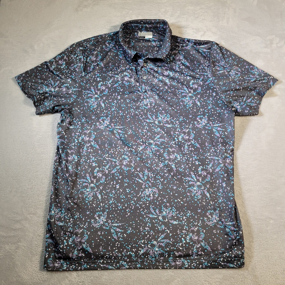 PGA Tour Polo Shirt Mens XL Gray Black Purple Floral Dot Pro Series Athletic Fit